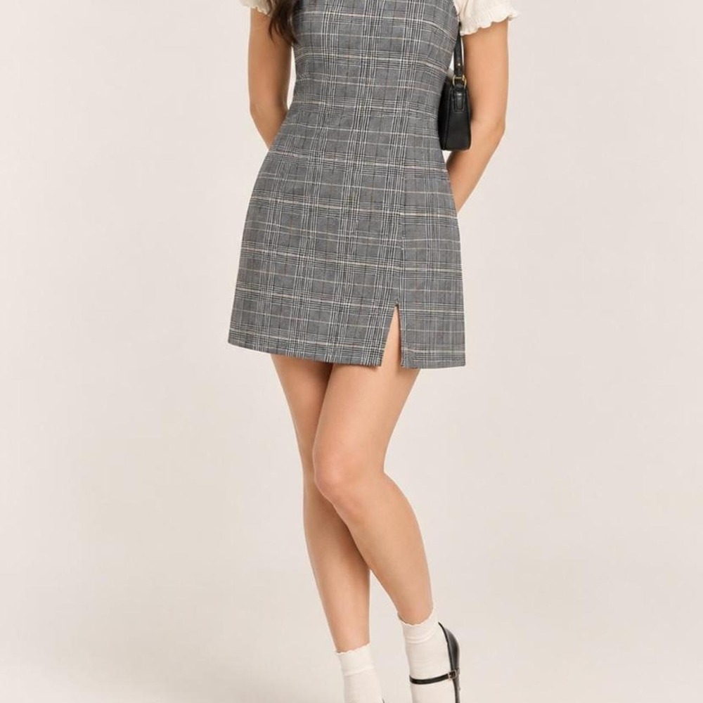 Plaid Mini Dress Gray Black Spaghetti Strap Y2K Twee Prep School Office Siren